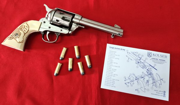 Western Peacemaker Single Action Army Revolver 45 pistol with 6 cap gun bullet rounds and gift box by Kolser silver with faux ivory bull handle - Image 3