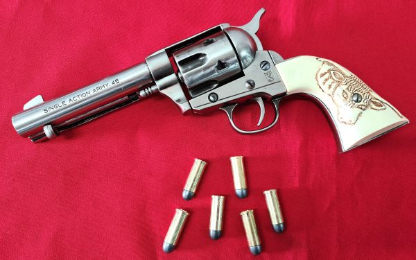 Western Peacemaker Single Action Army Revolver 45 pistol with 6 cap gun bullet rounds and gift box by Kolser silver with faux ivory bull handle - Image 4