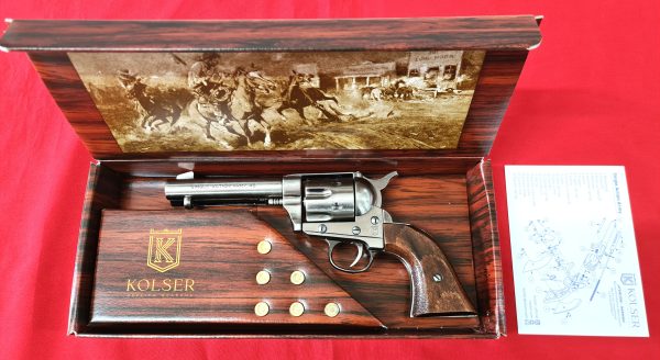 Western Peacemaker Single Action Army Revolver 45 pistol with 6 cap gun bullet rounds and gift box by Kolser silver with wooden handle