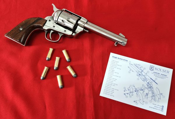 Western Peacemaker Single Action Army Revolver 45 pistol with 6 cap gun bullet rounds and gift box by Kolser silver with wooden handle - Image 3