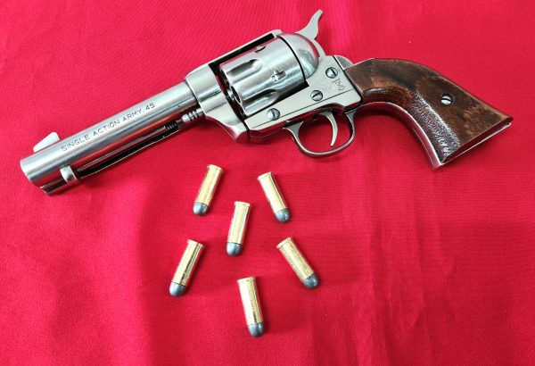 Western Peacemaker Single Action Army Revolver 45 pistol with 6 cap gun bullet rounds and gift box by Kolser silver with wooden handle - Image 4