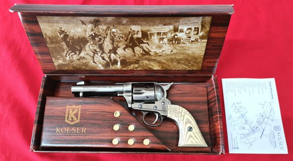 Western Peacemaker Single Action Army Revolver 45 pistol with 6 cap gun bullet rounds and gift box by Kolser silver with ivory handle