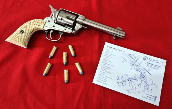 Western Peacemaker Single Action Army Revolver 45 pistol with 6 cap gun bullet rounds and gift box by Kolser silver with ivory handle - Image 3