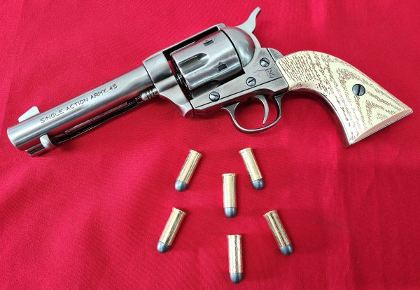 Western Peacemaker Single Action Army Revolver 45 pistol with 6 cap gun bullet rounds and gift box by Kolser silver with ivory handle - Image 4