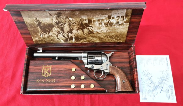 Western Single Action Army Revolver 45 pistol with 6 cap gun bullet rounds and gift box by Kolser silver with wooden handle