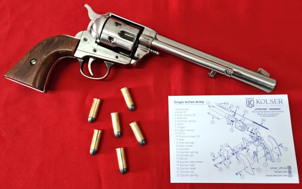 Western Single Action Army Revolver 45 pistol with 6 cap gun bullet rounds and gift box by Kolser silver with wooden handle - Image 3