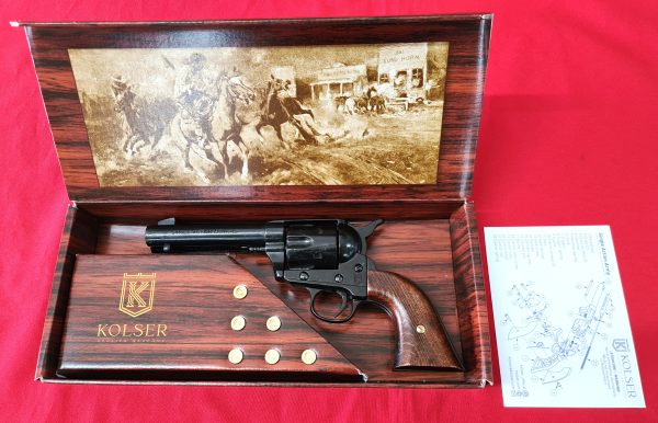 Western Peacemaker Single Action Army Revolver 45 pistol with 6 cap gun bullet rounds and gift box by Kolser black with wooden grips