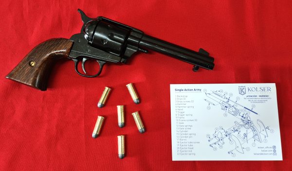 Western Peacemaker Single Action Army Revolver 45 pistol with 6 cap gun bullet rounds and gift box by Kolser black with wooden grips - Image 3