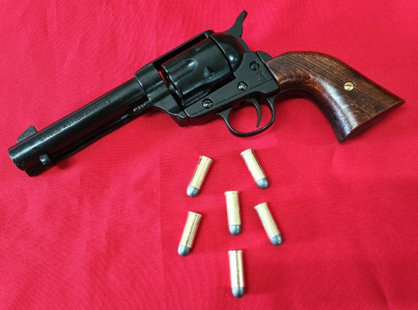 Western Peacemaker Single Action Army Revolver 45 pistol with 6 cap gun bullet rounds and gift box by Kolser black with wooden grips - Image 4