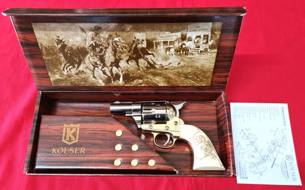 Western Peacemaker Snub nose Army Revolver 45 pistol with 6 cap gun bullet rounds and gift box by Kolser silver with faux ivory bull handle