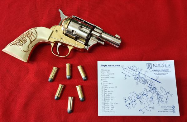 Western Peacemaker Snub nose Army Revolver 45 pistol with 6 cap gun bullet rounds and gift box by Kolser silver with faux ivory bull handle - Image 3