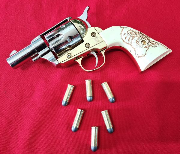 Western Peacemaker Snub nose Army Revolver 45 pistol with 6 cap gun bullet rounds and gift box by Kolser silver with faux ivory bull handle - Image 4