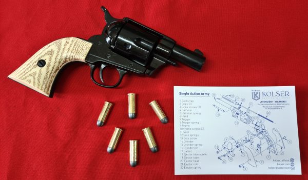 Western Peacemaker Snub nose Army Revolver 45 pistol with 6 cap gun bullet rounds and gift box by Kolser black with faux ivory handle - Image 3