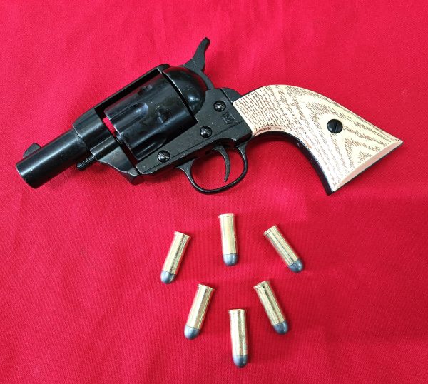 Western Peacemaker Snub nose Army Revolver 45 pistol with 6 cap gun bullet rounds and gift box by Kolser black with faux ivory handle - Image 4