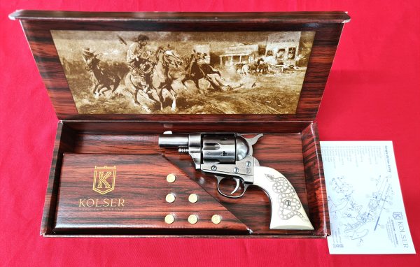 Western Peacemaker Snub nose Army Revolver 45 pistol with 6 cap gun bullet rounds and gift box by Kolser silver with faux ivory snake handle