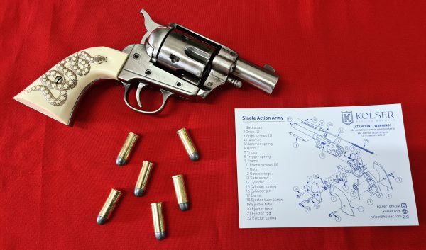 Western Peacemaker Snub nose Army Revolver 45 pistol with 6 cap gun bullet rounds and gift box by Kolser silver with faux ivory snake handle - Image 3