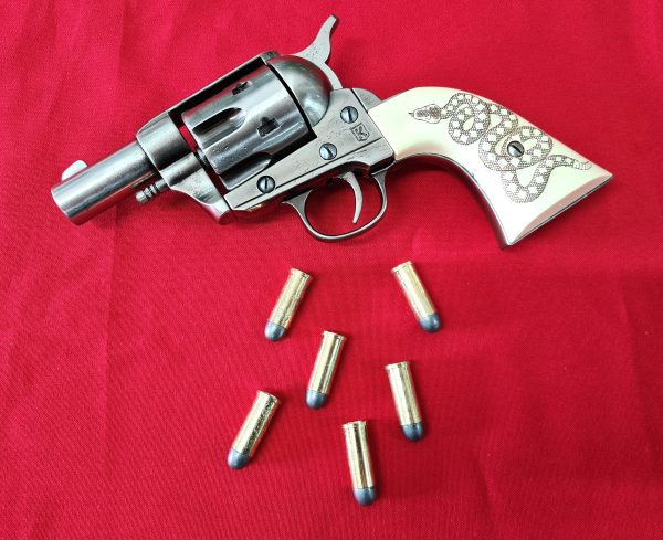 Western Peacemaker Snub nose Army Revolver 45 pistol with 6 cap gun bullet rounds and gift box by Kolser silver with faux ivory snake handle - Image 4