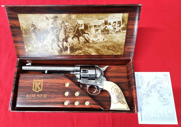 Western Single Action Army Revolver 45 pistol with 6 cap gun bullet rounds and gift box by Kolser silver with faux ivory bull handle