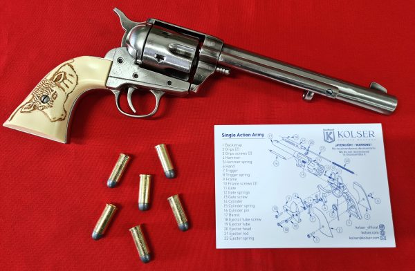 Western Single Action Army Revolver 45 pistol with 6 cap gun bullet rounds and gift box by Kolser silver with faux ivory bull handle - Image 4