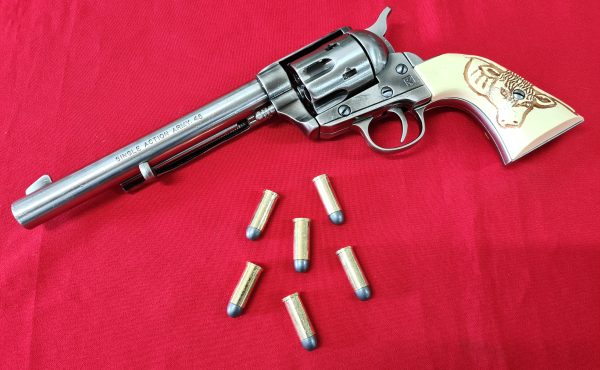 Western Single Action Army Revolver 45 pistol with 6 cap gun bullet rounds and gift box by Kolser silver with faux ivory bull handle - Image 5