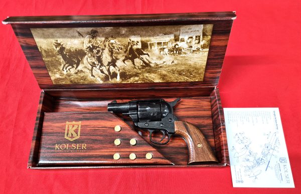 Western Peacemaker Snub nose Army Revolver 45 pistol with 6 cap gun bullet rounds and gift box by Kolser black with wood handle