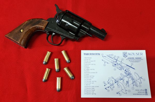 Western Peacemaker Snub nose Army Revolver 45 pistol with 6 cap gun bullet rounds and gift box by Kolser black with wood handle - Image 3