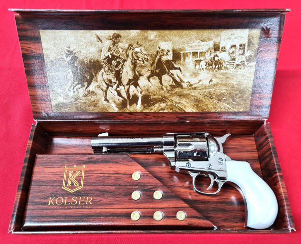 Western Thunderer Single Action Army Revolver 45 pistol with 6 cap gun bullet rounds and gift box by Kolser nickel with pearl handle