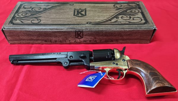 US Western Colt Navy revolver .36 pistol in brass tone and black with gift box by Kolser