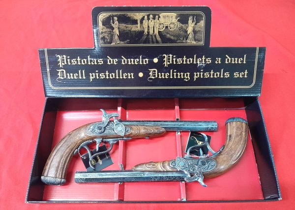 KOLSER EUROPEAN FRENCH REPLICA DUELING PISTOLS TWO SET WOOD AND SILVER FINISH IN DISPLAY BOX 1103-2