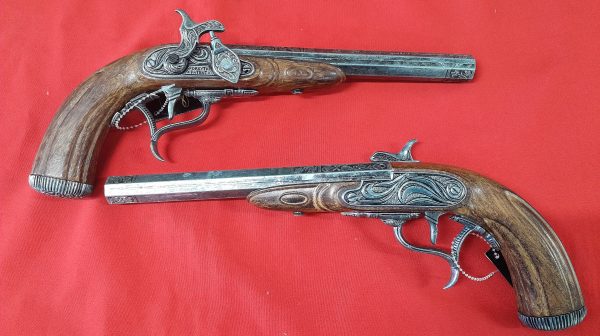 KOLSER EUROPEAN FRENCH REPLICA DUELING PISTOLS TWO SET WOOD AND SILVER FINISH IN DISPLAY BOX 1103-2 - Image 2