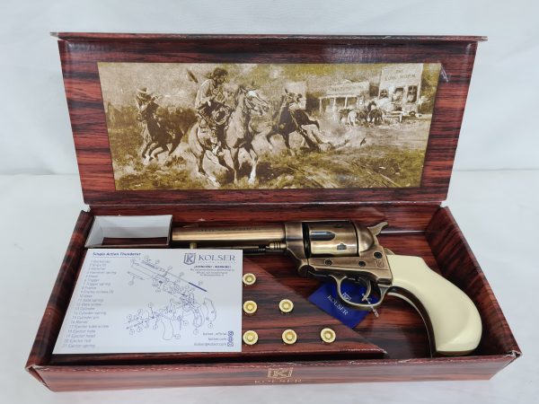 Western Thunderer Single Action Army Revolver 45 pistol with 6 cap gun bullet rounds and gift box by Kolser bronze with bone handle - Image 6