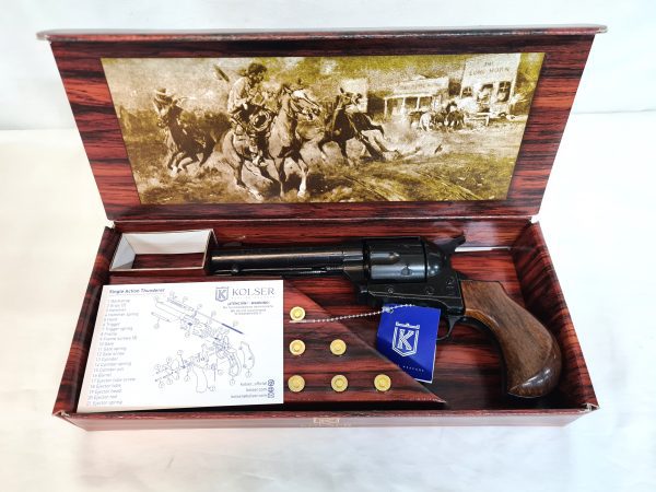 Western Thunderer Single Action Army Revolver 45 pistol with 6 cap gun bullet rounds and gift box by Kolser black with faux wood handle - Image 2