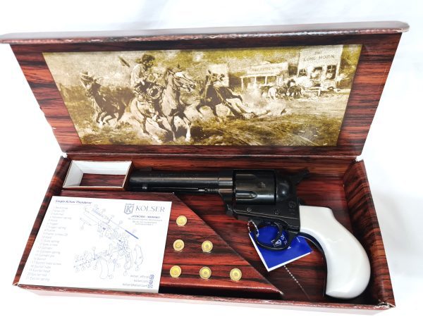 Western Thunderer Single Action Army Revolver 45 pistol with 6 cap gun bullet rounds and gift box by Kolser black with pearl handle