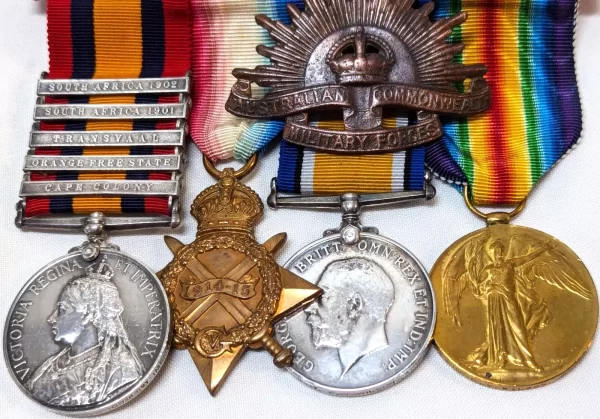 Lieutenant Frank Vivian Wilson wounded MG Boer War & WW1 Australian medals & badge AIF