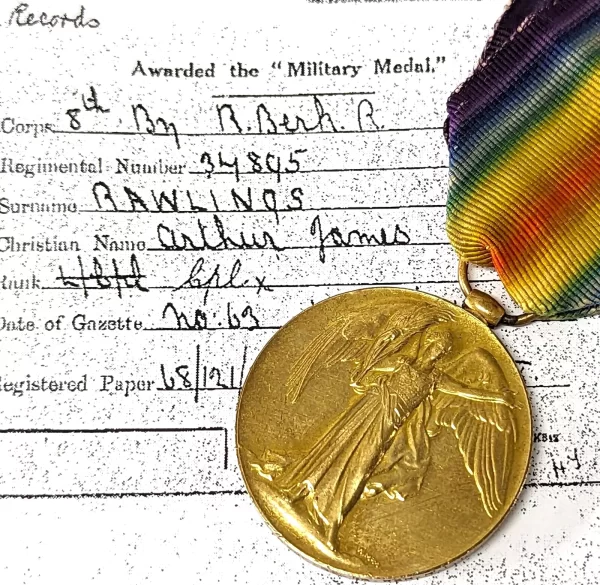 Military Medal winner WW1 medal to 13318 Cpl Rawlins 8th Bn Royal Berkshire Regiment