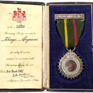 WW2 era Indian Recruiting Badge - medal GVIR cased with named certificate 2631 Khagi Magarni