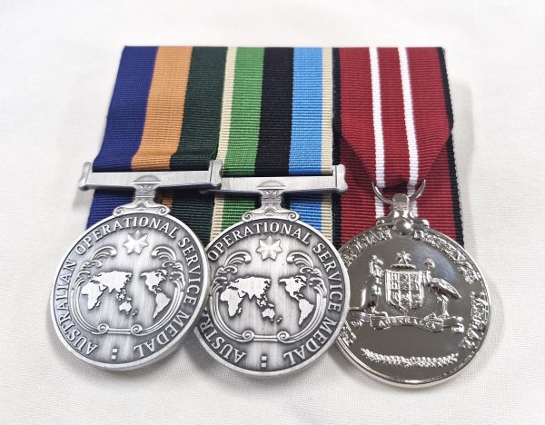 AUSTRALIAN OPERATIONAL SERVICE MEDAL & AUS DEFENCE MEDAL REPLICA SERVICE TRIO - BORDER PROTECTION & GREATER MIDDLE EAST