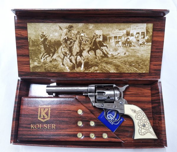 Western Peacemaker Single Action Army Revolver 45 pistol with 6 cap gun bullet rounds and gift box by Kolser silver with faux ivory snake handle