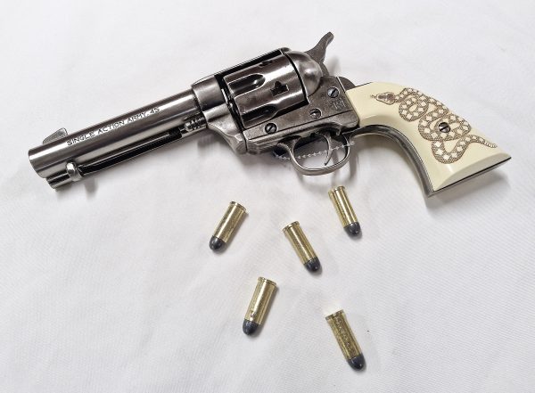 Western Peacemaker Single Action Army Revolver 45 pistol with 6 cap gun bullet rounds and gift box by Kolser silver with faux ivory snake handle - Image 2