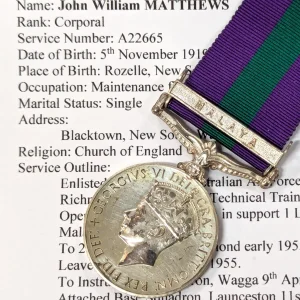 1 Squadron RAAF Australian General Service Medal Malaya Cpl Matthews post WW2