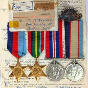57/60 Battalion WW2 Australian medals & uniform badge Pte McDonald New Guinea