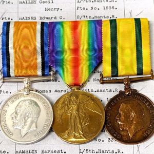 7TH HAMPSHIRE REGIMENT INDIA WW1 TERRITORIAL ARMY WAR MEDALS 1594 F G HALL