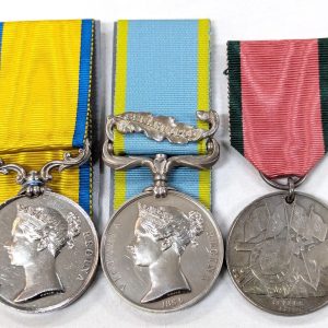 For sale is set of Royal Navy medals attributed to Ordinary Seaman Joshua Brunsden, who served in the Crimean War aboard H.M.S. Hannibal. Baltic Medal 1854-55, unnamed as issued; Crimea War Medal 1854-56, with clasp Sebastopol, impressed named JOSH BRUNSDEN, ORD. H.M.S. HANNIBAL,; Turkish Crimea Medal 1855-56 (British issue), unnamed as issued. HMS Hannibal served in the Baltic in 1854 and the Crimea in 1855.