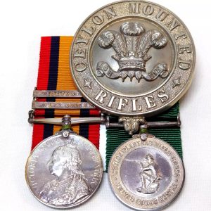 Rare Pre WW1 Boer War Ceylon Mounted Infantry medals and uniform/helmet badge