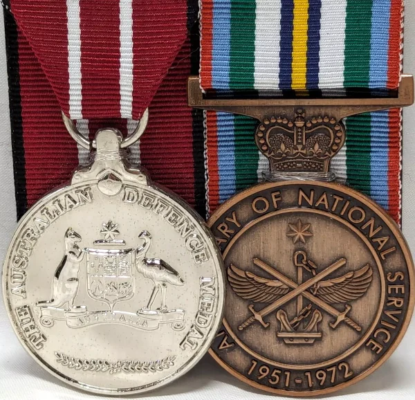 AUSTRALIAN NATIONAL SERVICE & DEFENCE MEDAL GROUP REPLICA ANZAC DAY MOUNTED