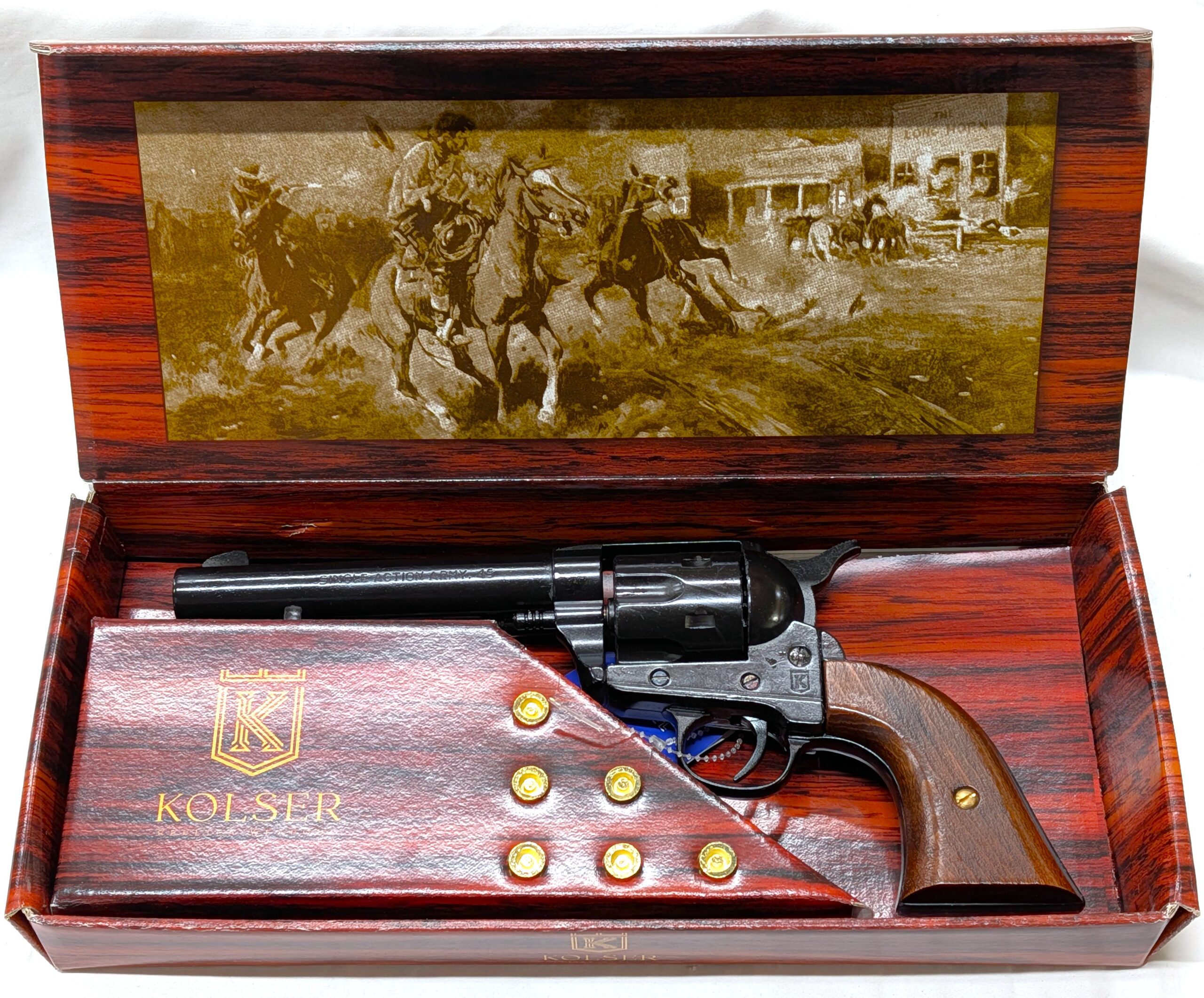 Western Peacemaker Single Action Army Revolver 45 pistol with 6 cap gun bullet rounds and gift box by Kolser black with wood grips - 1065 1W - Image 2