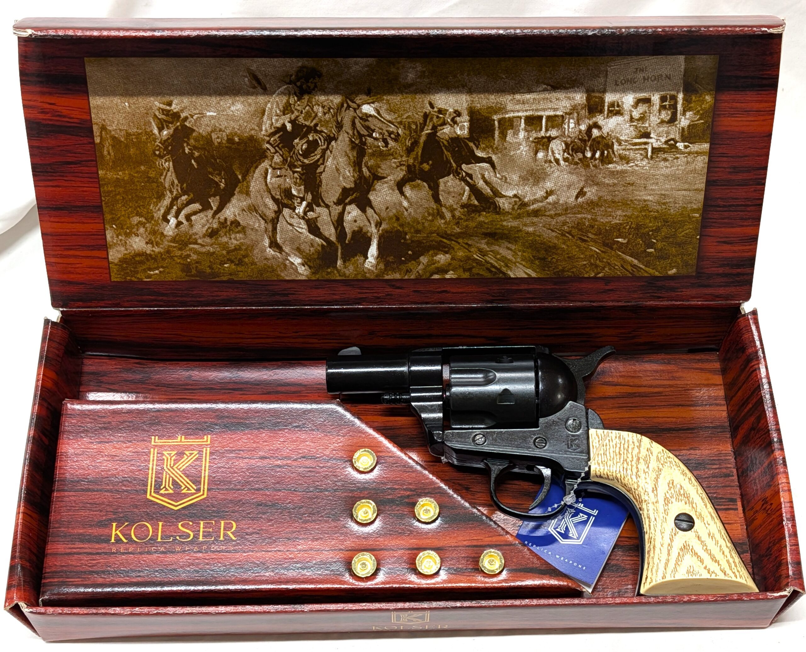 Western Peacemaker Snub nose Army Revolver 45 pistol with 6 cap gun bullet rounds and gift box by Kolser black with faux wood grips - 1061 1M - Image 2