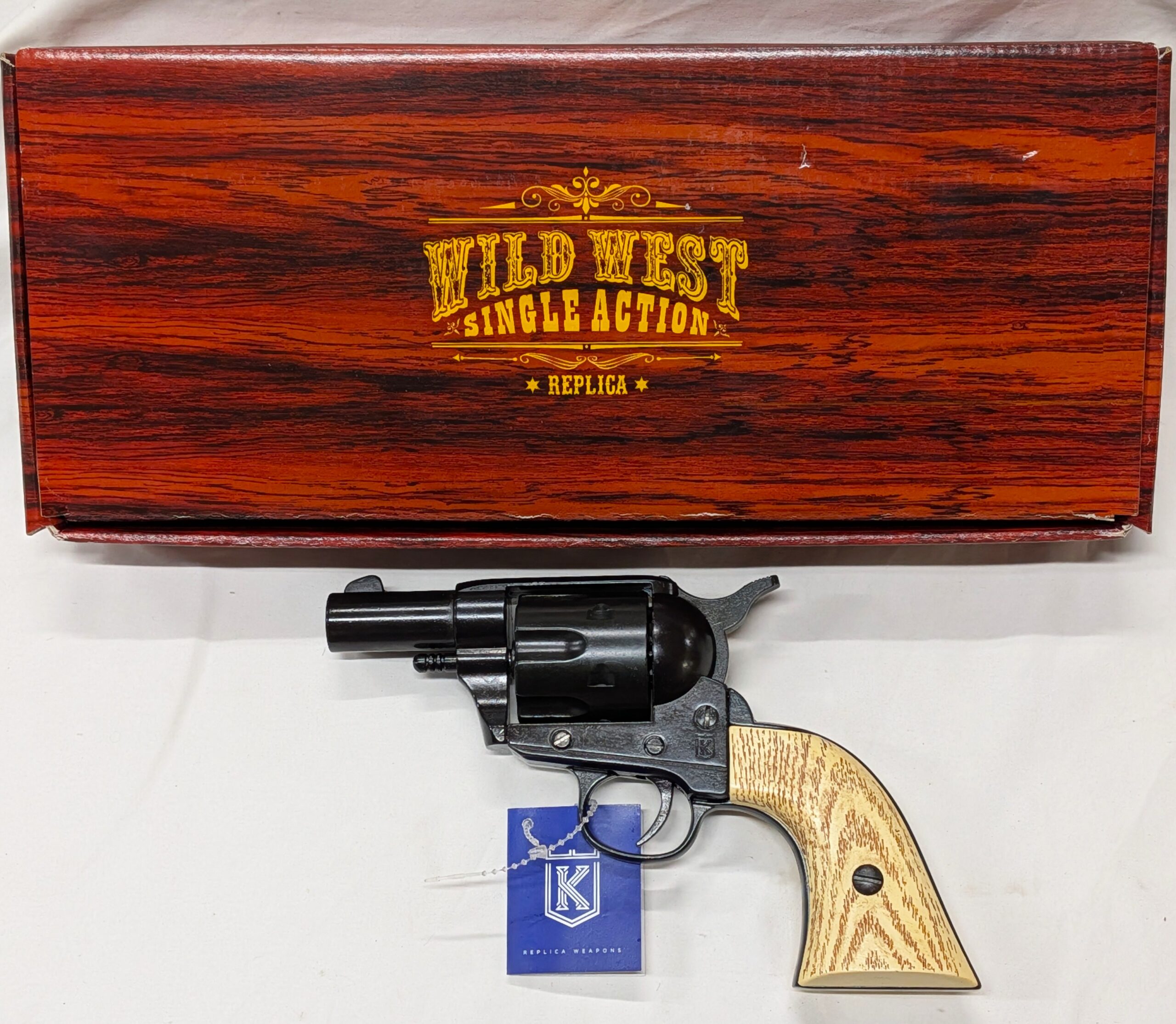 Western Peacemaker Snub nose Army Revolver 45 pistol with 6 cap gun bullet rounds and gift box by Kolser black with faux wood grips - 1061 1M - Image 3