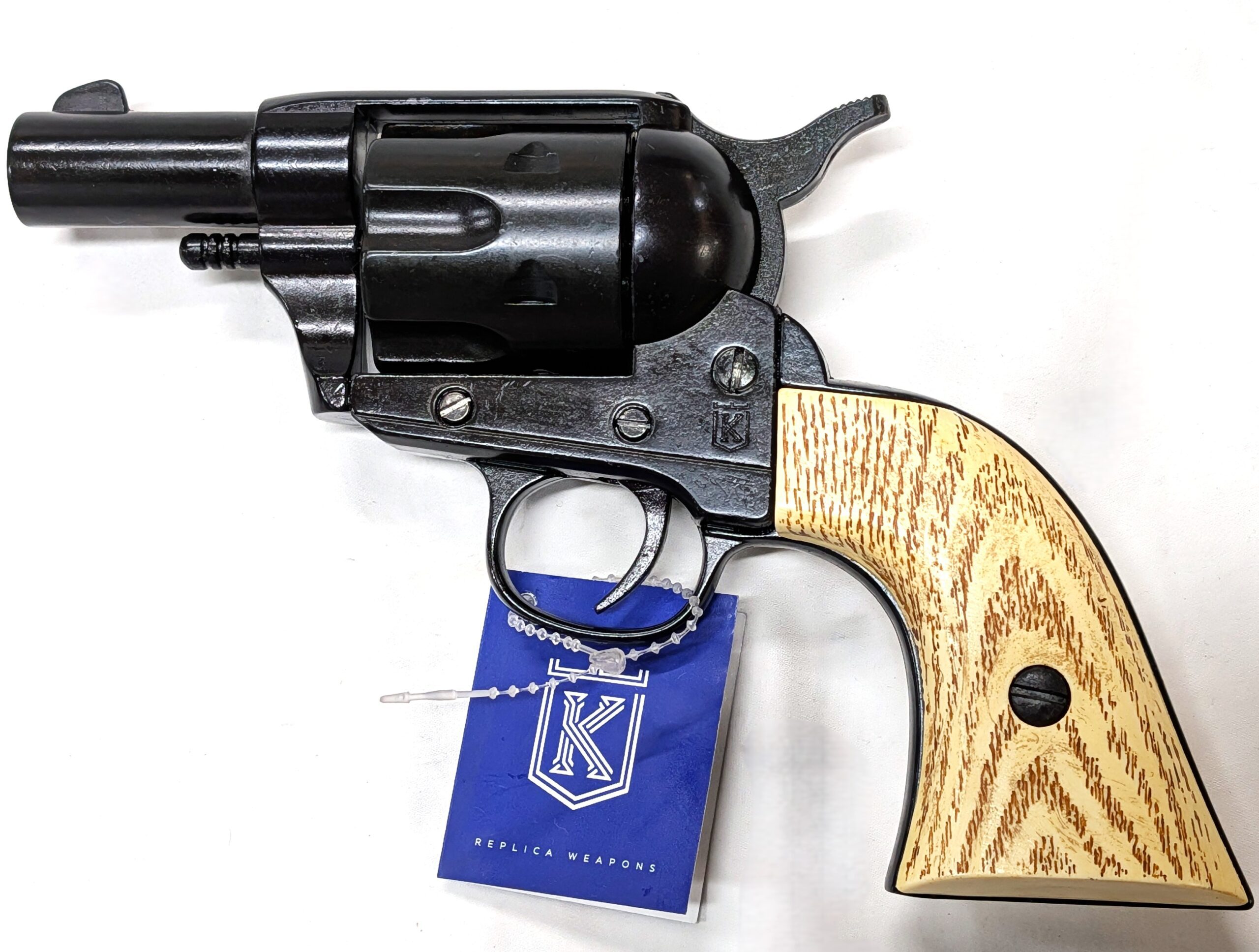 Western Peacemaker Snub nose Army Revolver 45 pistol with 6 cap gun bullet rounds and gift box by Kolser black with faux wood grips - 1061 1M - Image 4