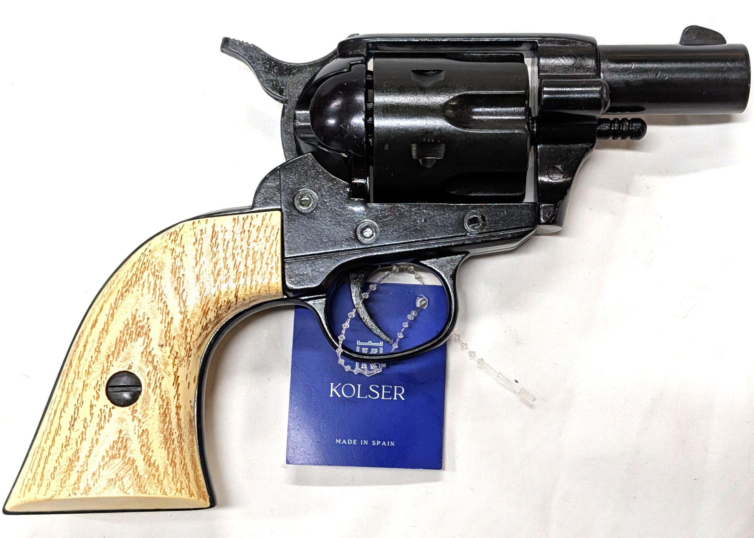 Western Peacemaker Snub nose Army Revolver 45 pistol with 6 cap gun bullet rounds and gift box by Kolser black with faux wood grips - 1061 1M - Image 6